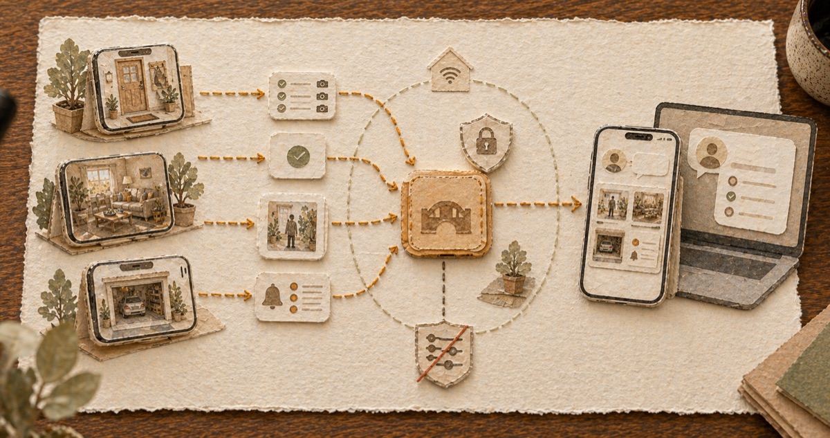 Paper-craft local network diagram showing phone cameras sending read-only status, snapshots, and event cards through an MCP bridge to a user device