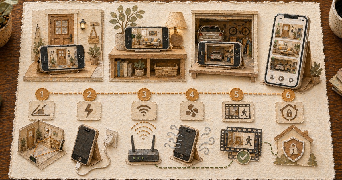 Paper-craft setup guide showing old iPhones used as cameras at a front door, living room, and garage, with icons for angle, power, Wi-Fi, airflow, motion clips, and privacy