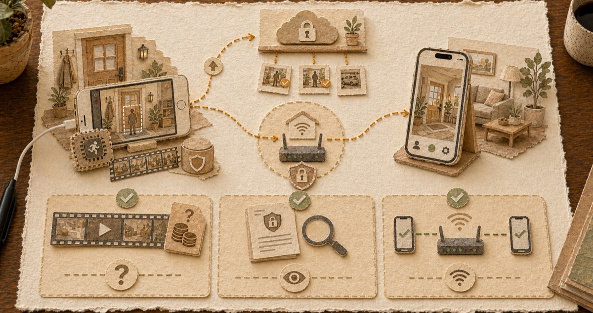 Paper-craft diagram showing P2P live view between a phone camera and viewer, optional cloud backup for selected event cards, on-device AI, and three privacy checks