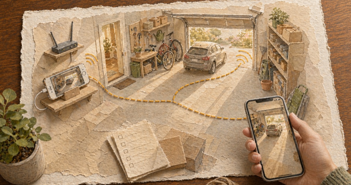 An old iPhone propped on a garage shelf as a security camera, watching a tidy family garage with a parked car, bicycles, and warm daylight