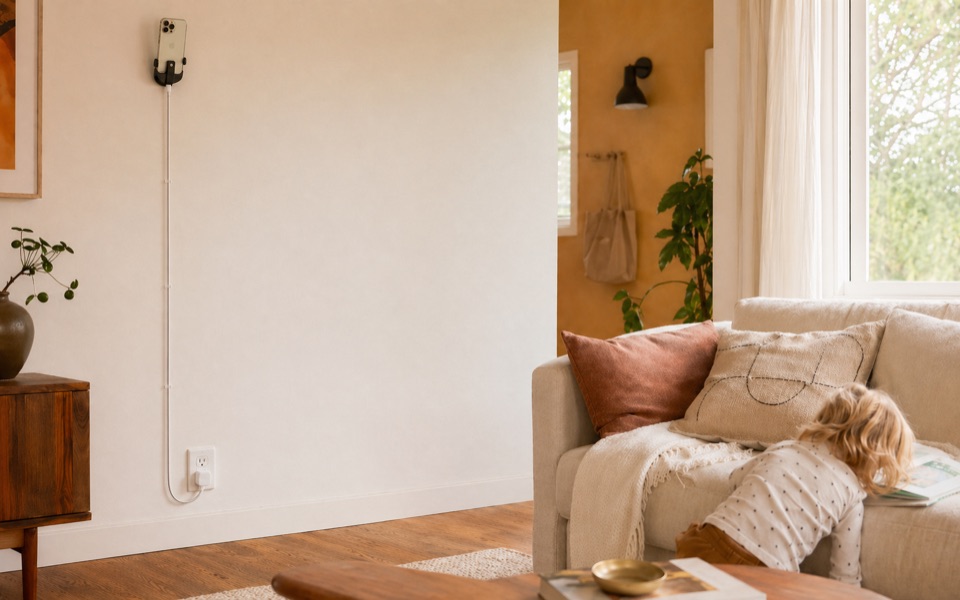 Warm living room with a spare phone monitoring the room