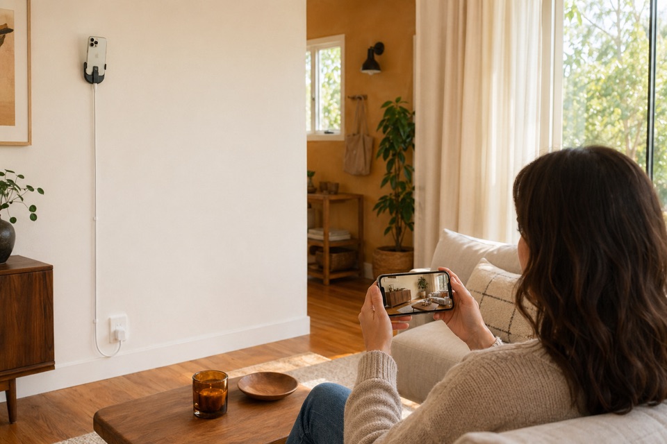 Realistic living room photo with a wall-mounted camera phone plugged into a lower outlet and a person checking the live view on another phone